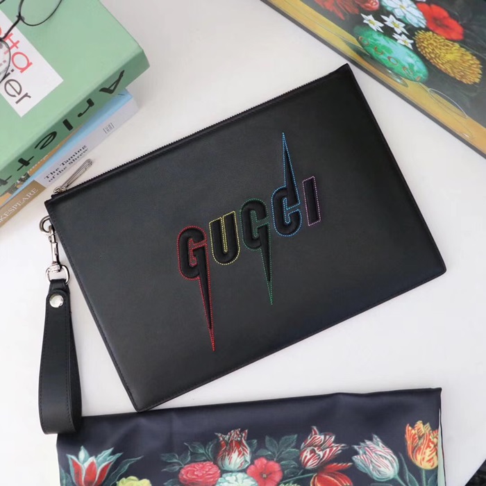 GUCCI Blade Embroidery Leather Wristlet Pouch Black 597678